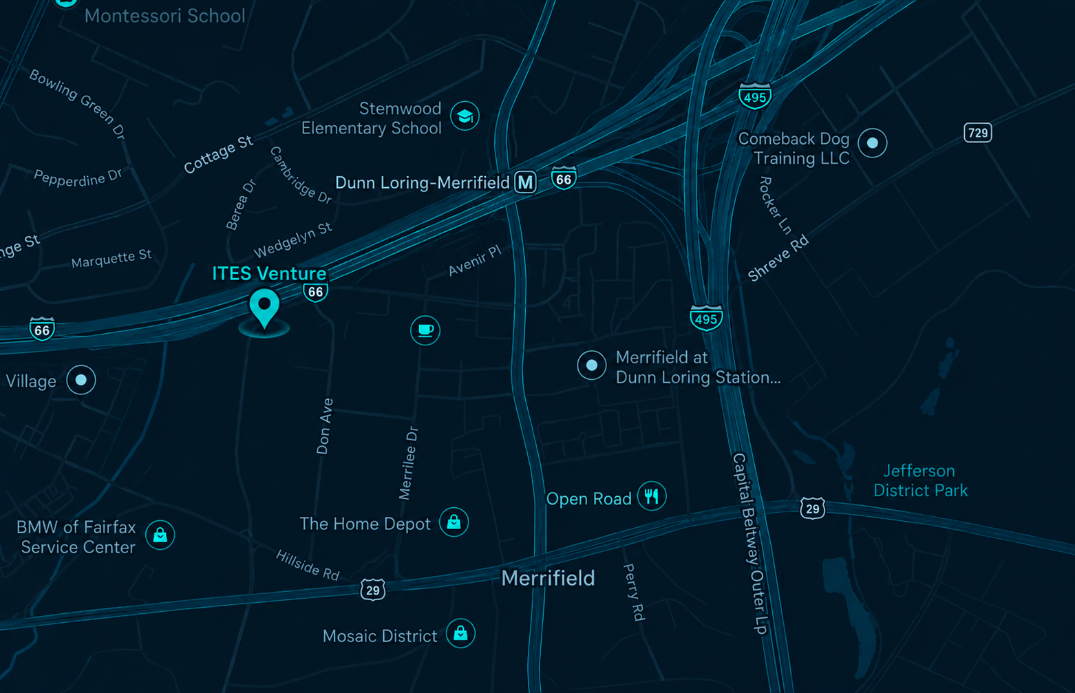 Map showing ITES Venture headquarters in Fairfax, VA — 2701 Prosperity Avenue, near I-66 and Dunn Loring-Merrifield